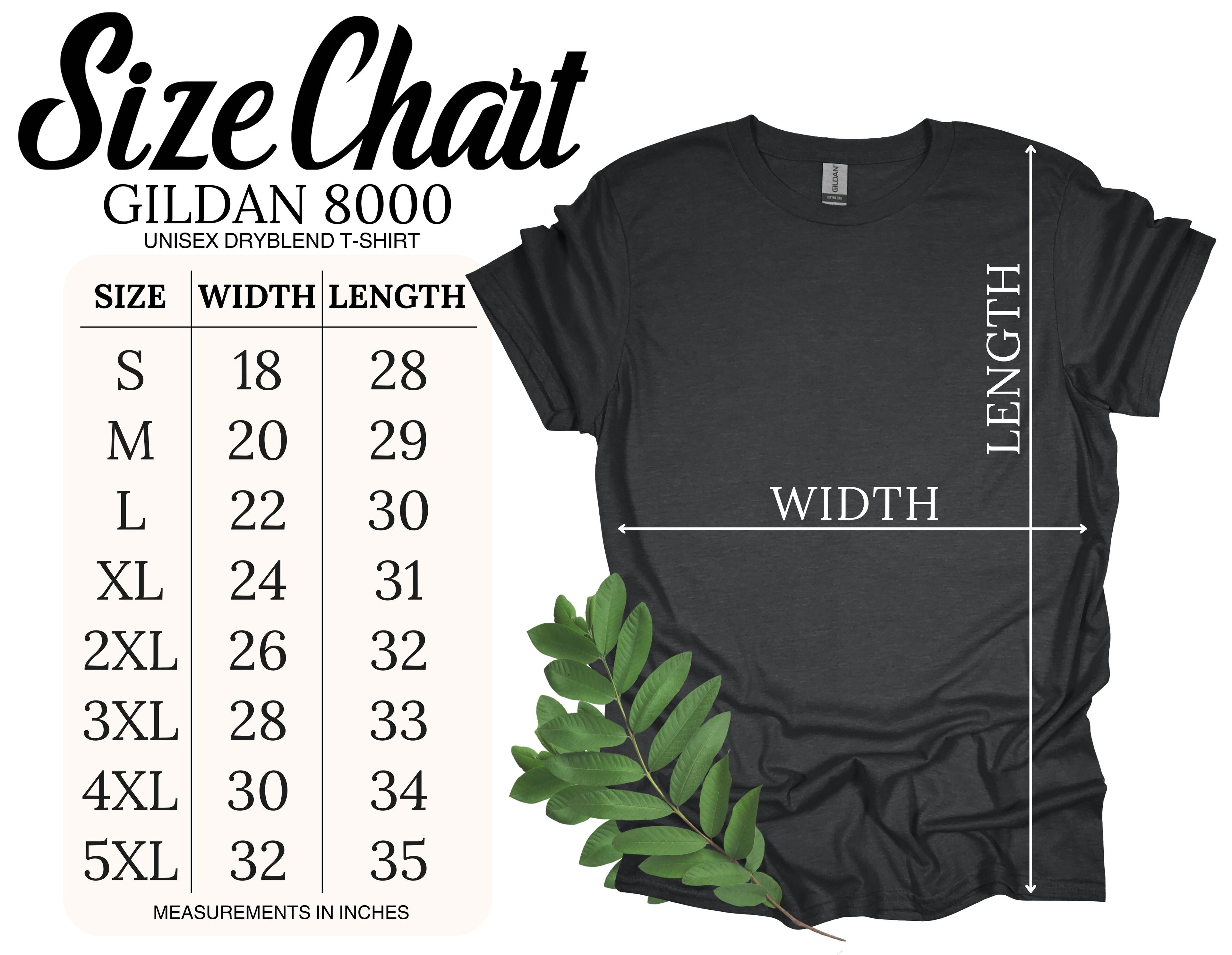 Gildan 8000 DryBlend Unisex Size Chart - S through 5XL